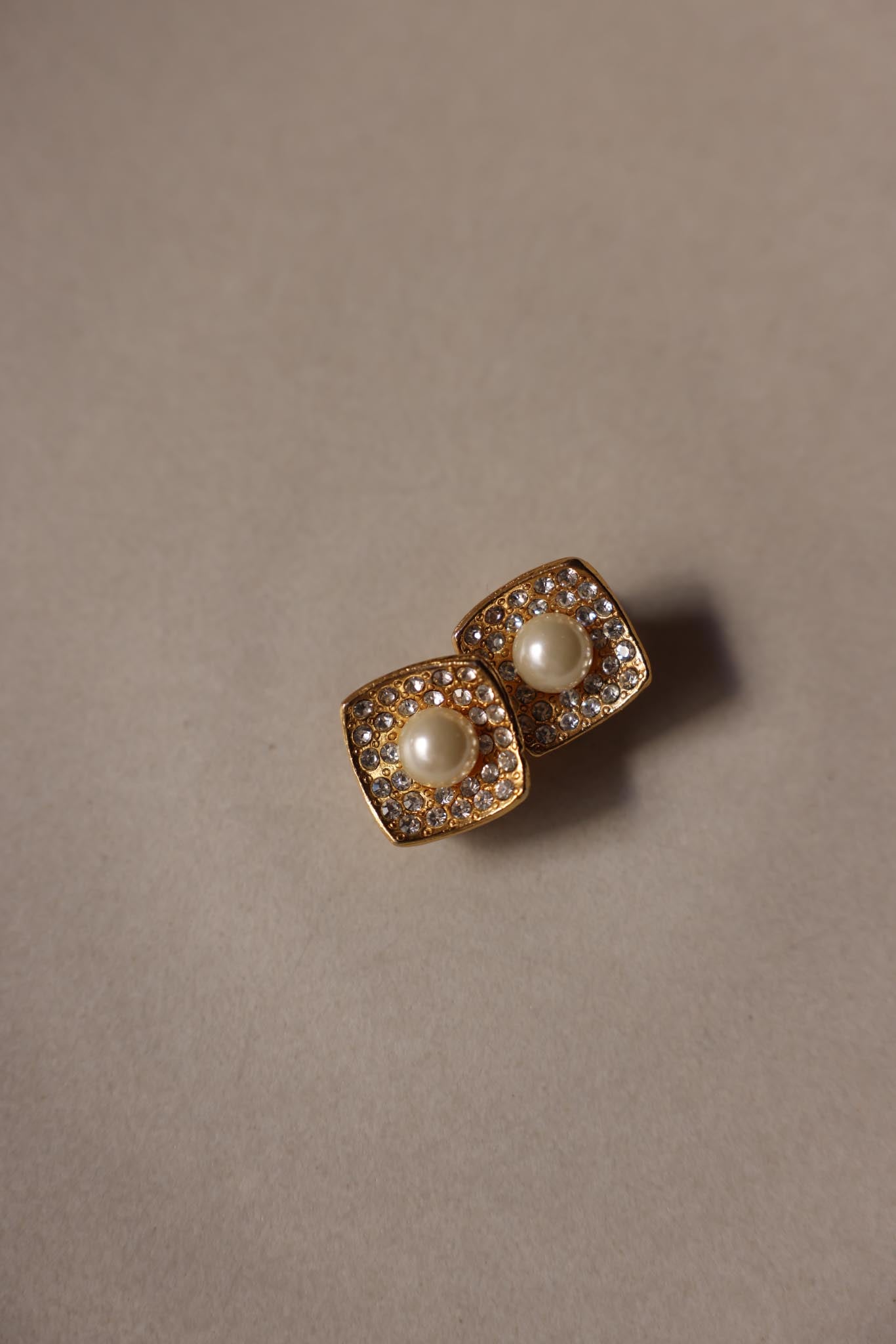 Gold Square Clip-On Earrings with Faux Pearl Center and Rhinestone Border