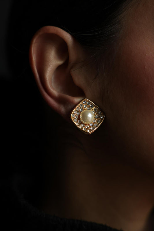 Gold Square Clip-On Earrings with Faux Pearl Center and Rhinestone Border
