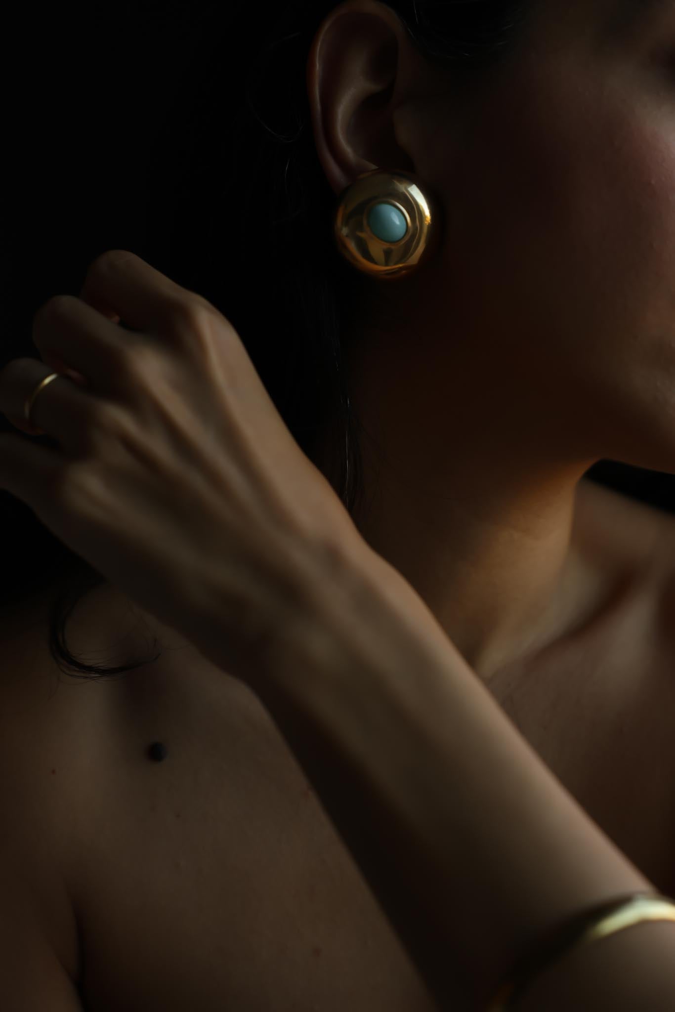 Gold Tone Turquoise Cabochon Dome Clip-On Earrings
