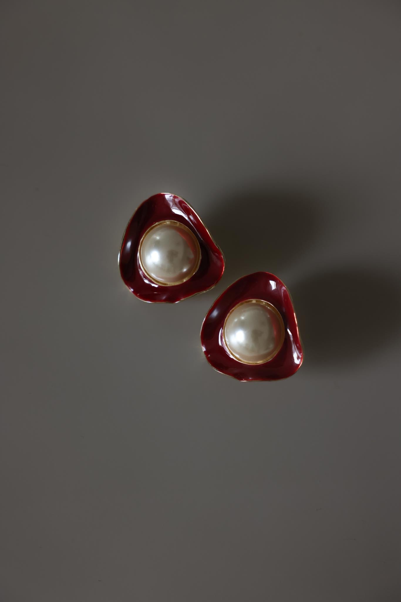 Red Enamel Faux Pearl Clip-On Earrings