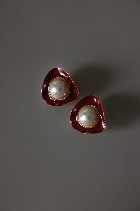 Red Enamel Faux Pearl Clip-On Earrings