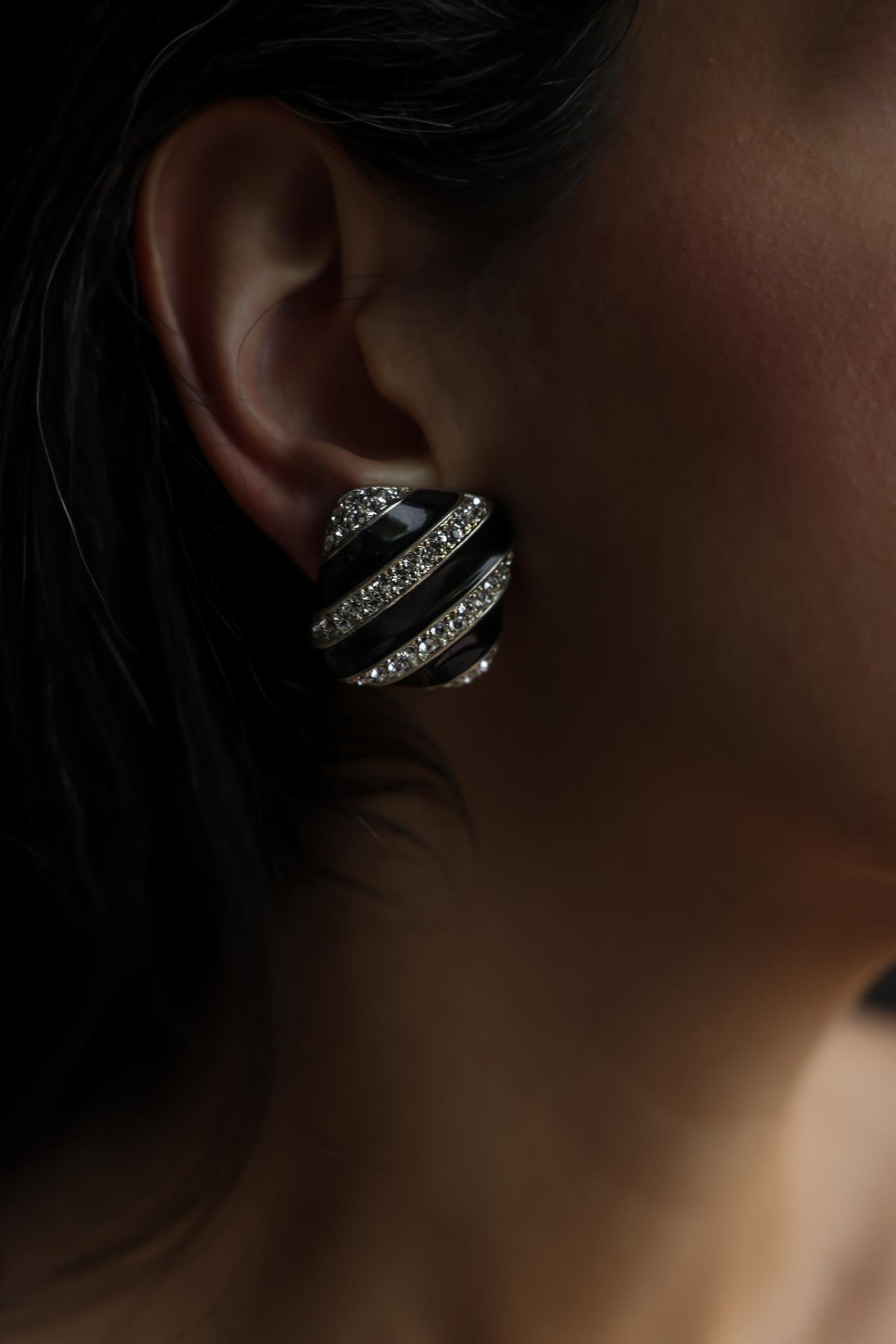 Square Black Enamel Rhinestone Clip-On Earrings