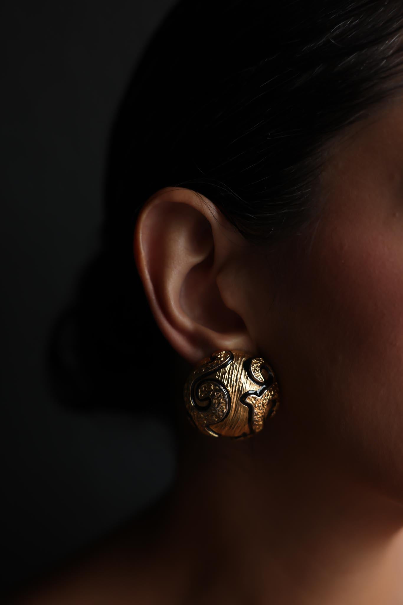 Gold-Tone Textured Clip-On Earrings with Black Enamel Accents