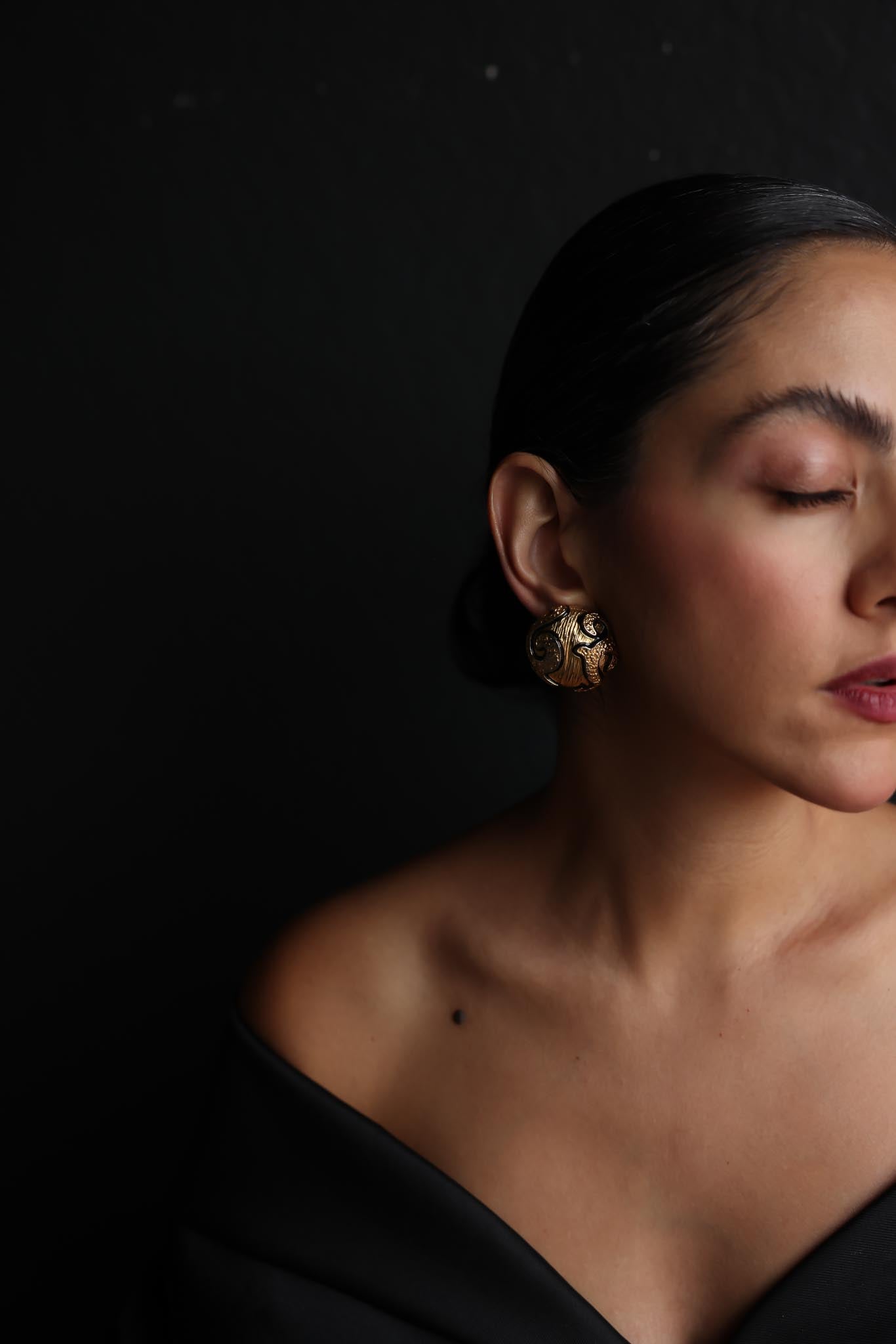 Gold-Tone Textured Clip-On Earrings with Black Enamel Accents