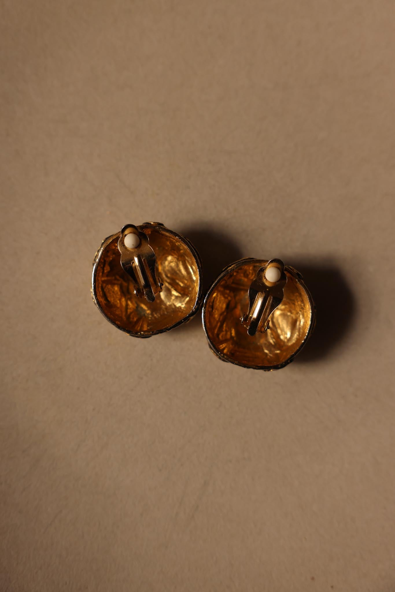 Gold-Tone Textured Clip-On Earrings with Black Enamel Accents