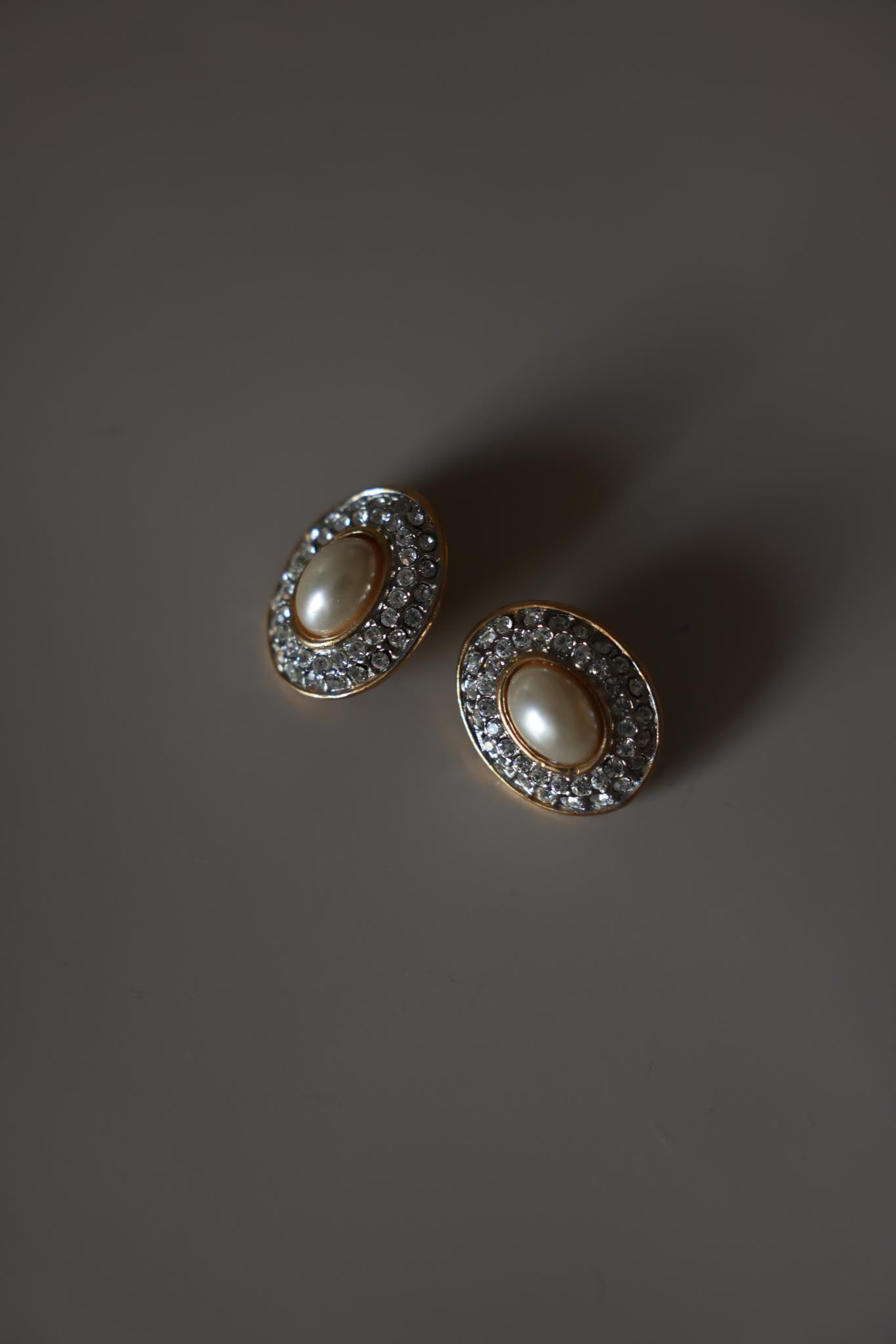 Oval Faux Pearl Rhinestone Clip-On Earrings