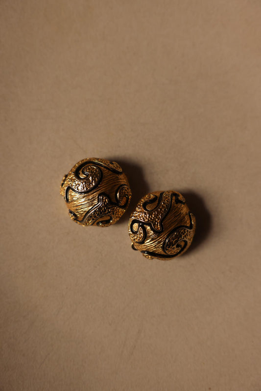 Gold-Tone Textured Clip-On Earrings with Black Enamel Accents