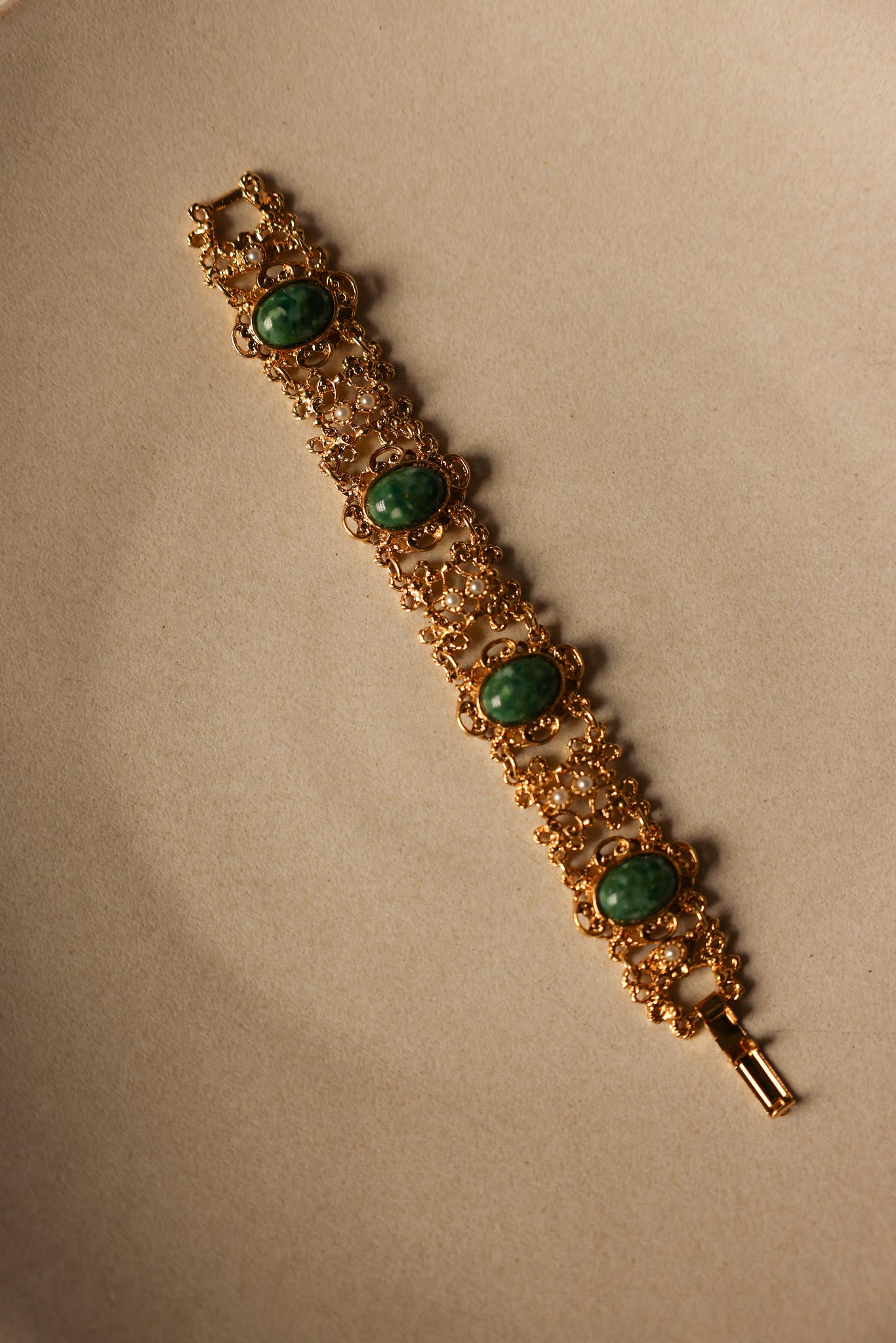 Golden Filigree Bracelet with Green Cabochons and Faux Pearls|Vintage Baazaar 