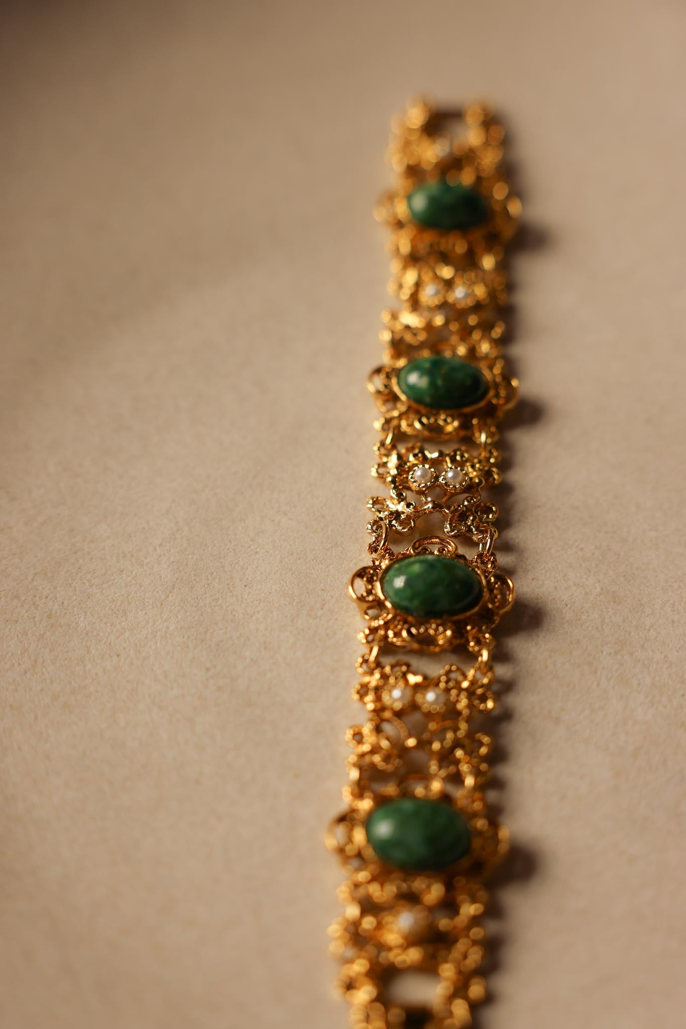 Golden Filigree Bracelet with Green Cabochons and Faux Pearls|Vintage Baazaar 