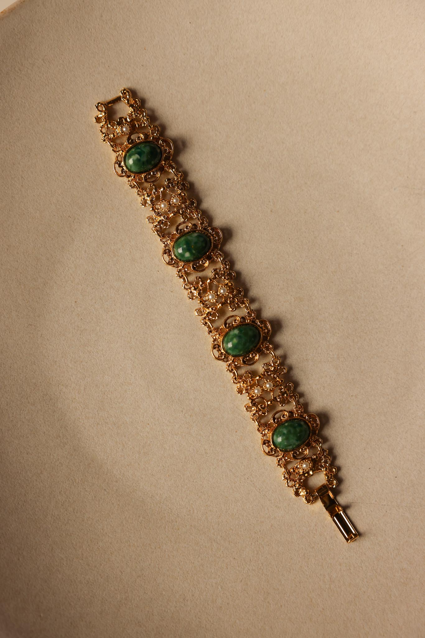 Golden Filigree Bracelet with Green Cabochons and Faux Pearls|Vintage Baazaar 