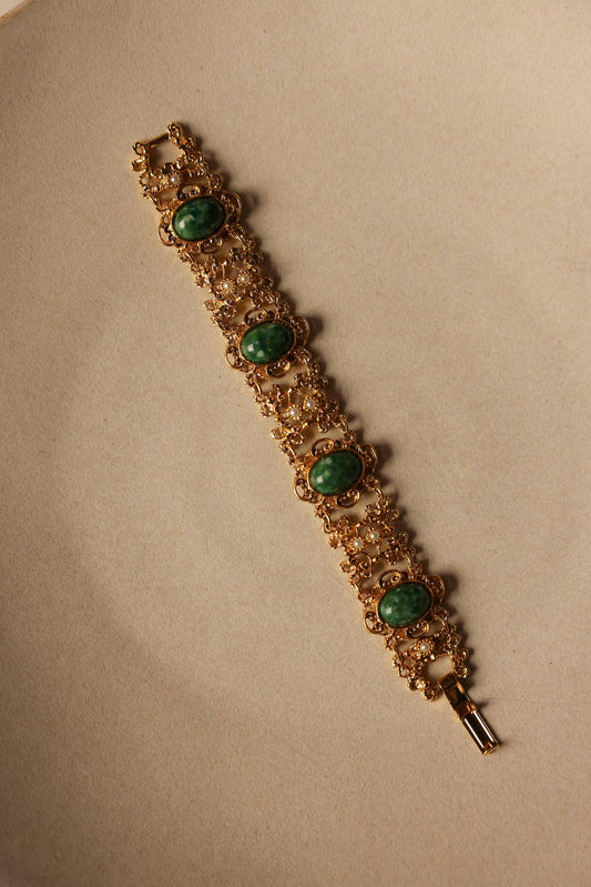 Golden Filigree Bracelet with Green Cabochons and Faux Pearls|Vintage Baazaar 