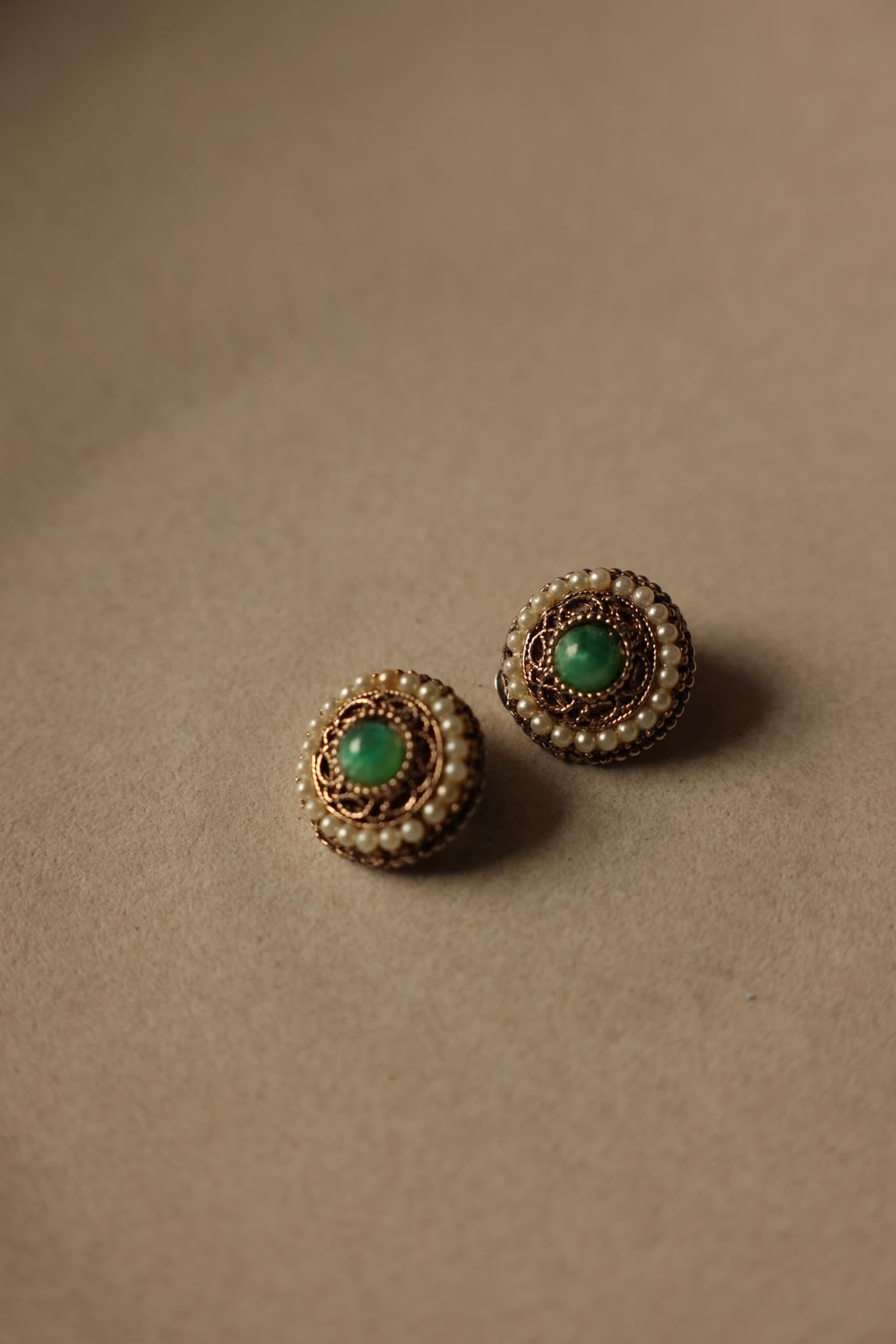 Gold Filigree Clip-On Earrings with Green Cabochons|Vintage Baazaar 