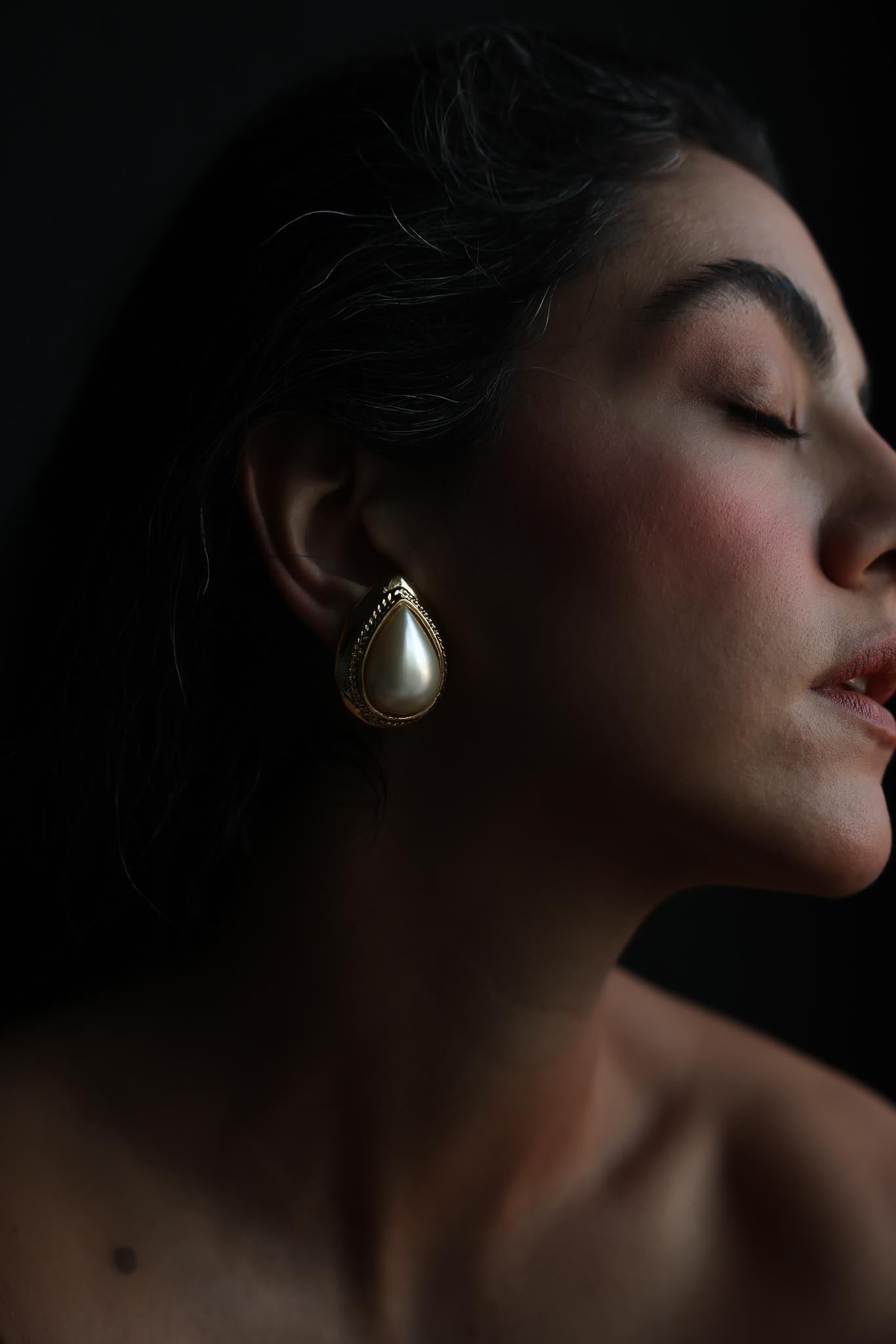 Gold Tone Faux Pearl Teardrop Clip-On Earrings
