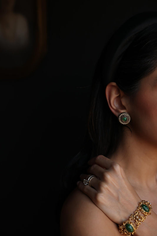Gold Filigree Clip-On Earrings with Green Cabochons|Vintage Baazaar 