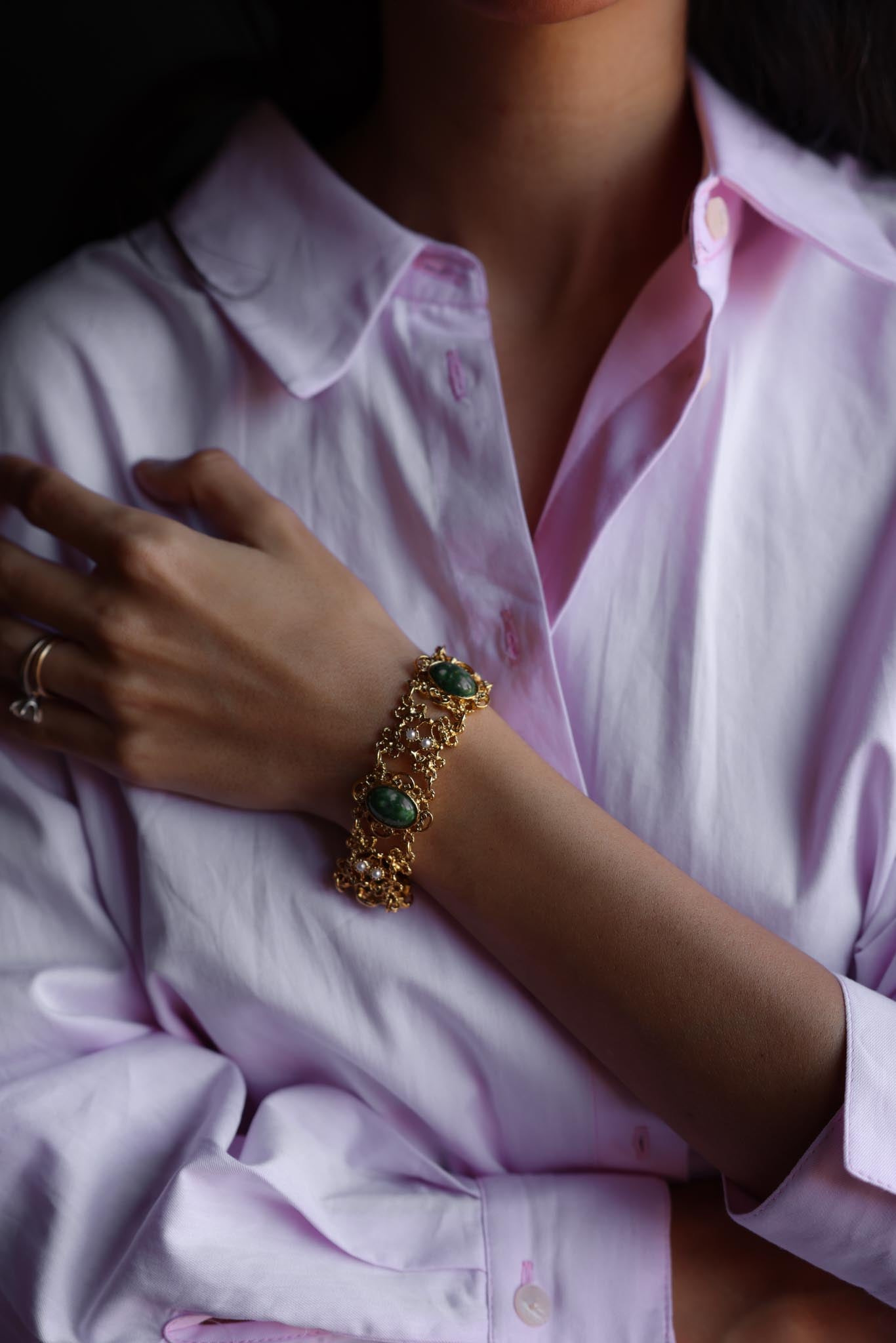 Golden Filigree Bracelet with Green Cabochons and Faux Pearls|Vintage Baazaar 