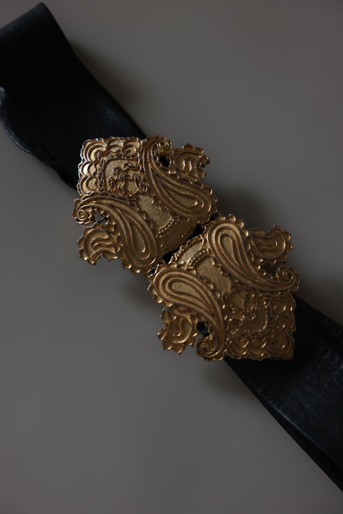 Black Leather Belt With Ornate Gold Buckle