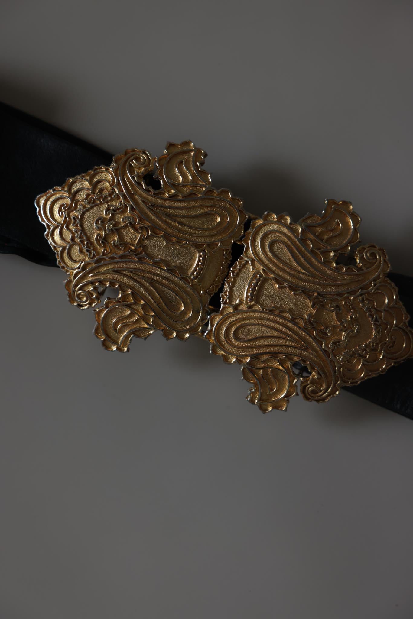 Black Leather Belt With Ornate Gold Buckle