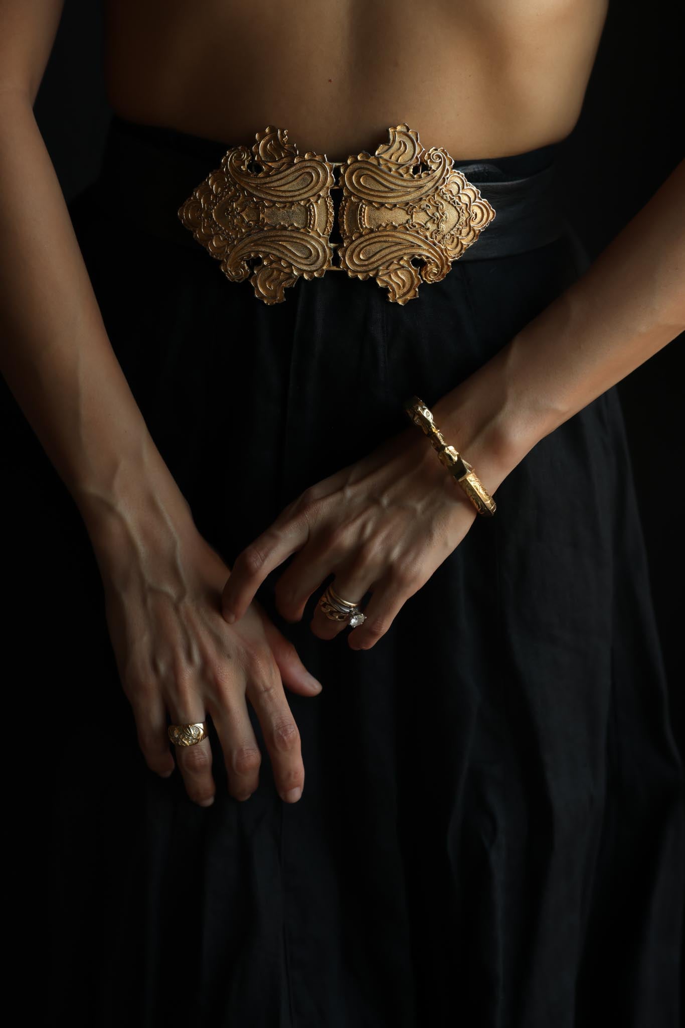 Black Leather Belt With Ornate Gold Buckle