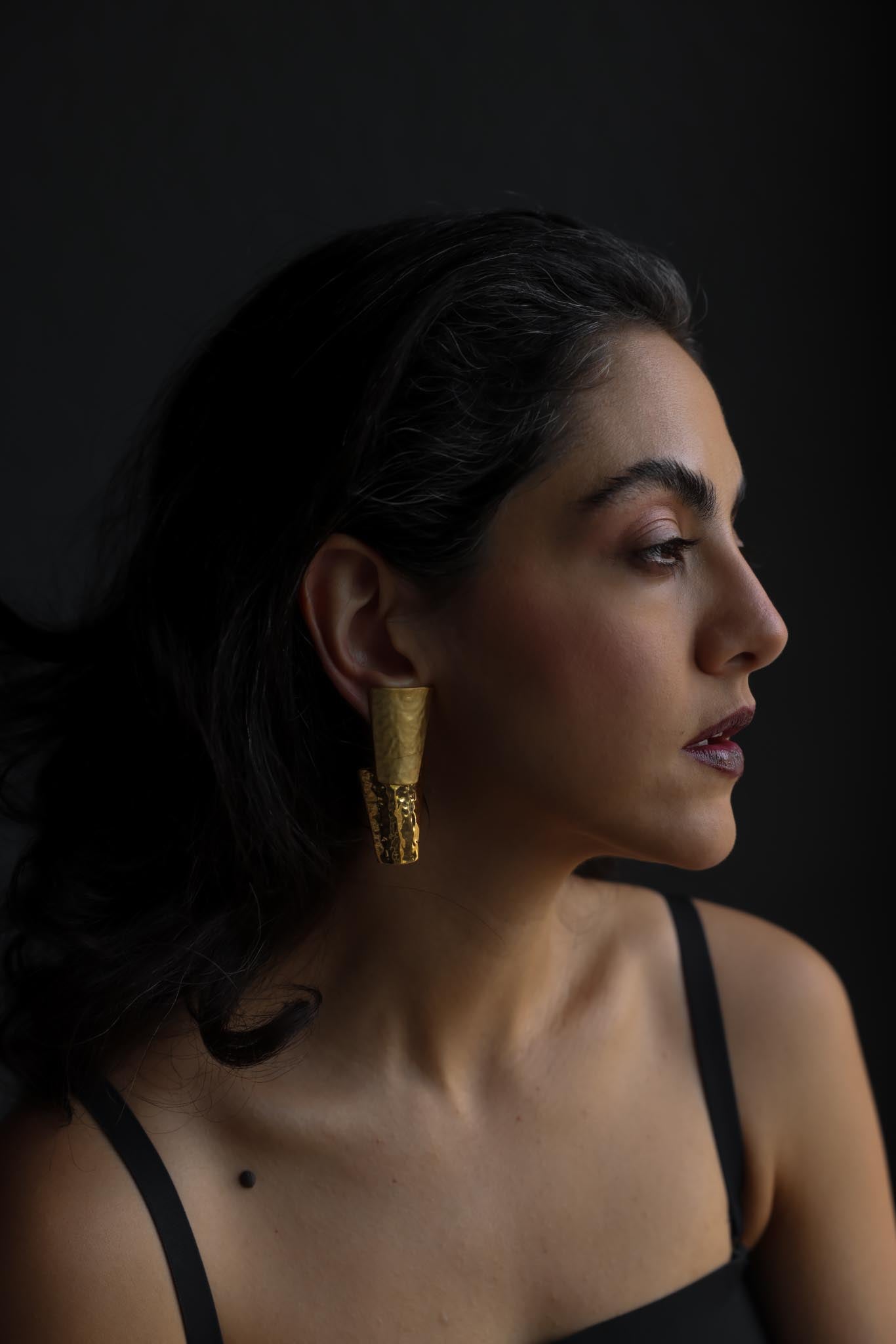 Two Tone Hammered Geometric Clip-On Earrings