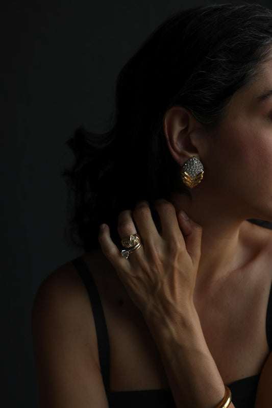 Gold Tone Rhinestone Leaf Clip-On Earrings