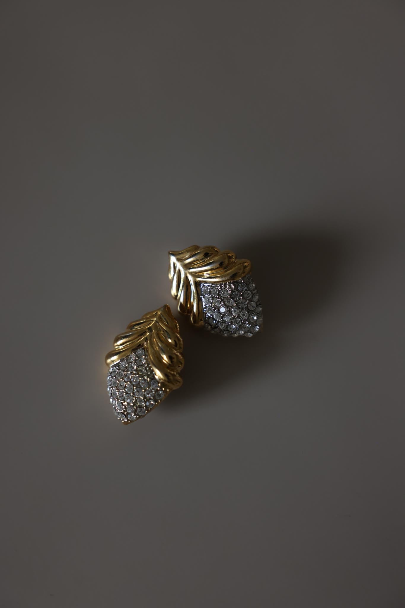 Gold Tone Rhinestone Leaf Clip-On Earrings