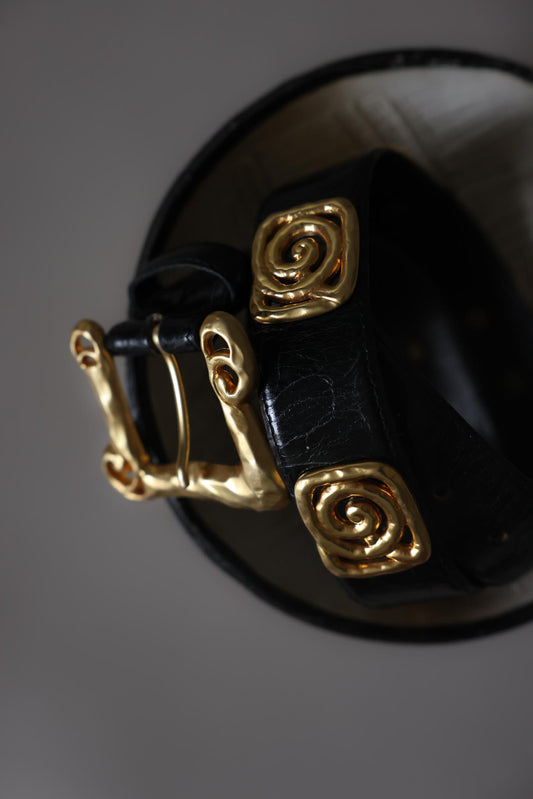 Avignon Gold Tone Swirl Black Leather Belt|Vintage Baazaar 