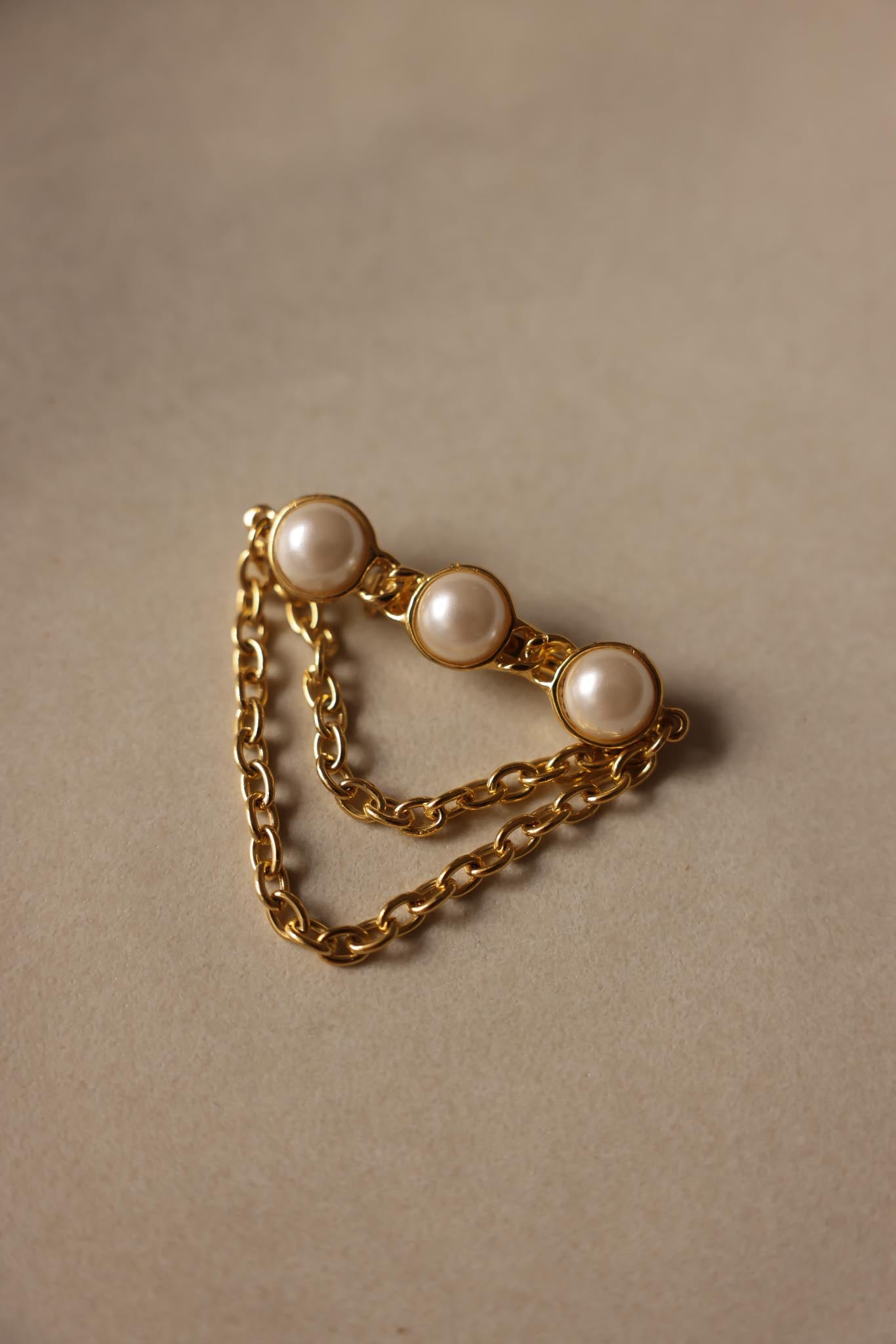Gold-Tone Faux Pearl Brooch with Double Chain