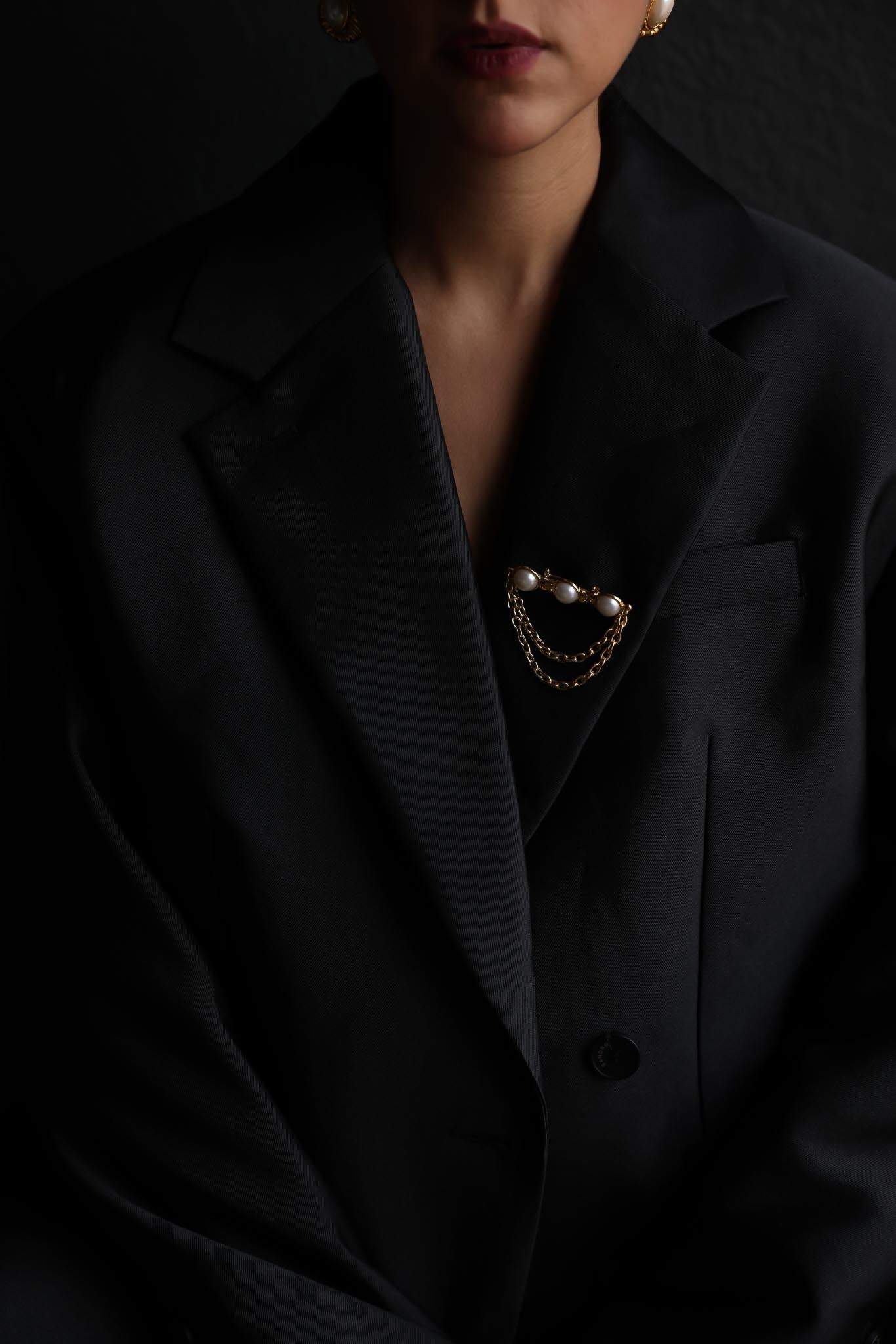 Gold-Tone Faux Pearl Brooch with Double Chain
