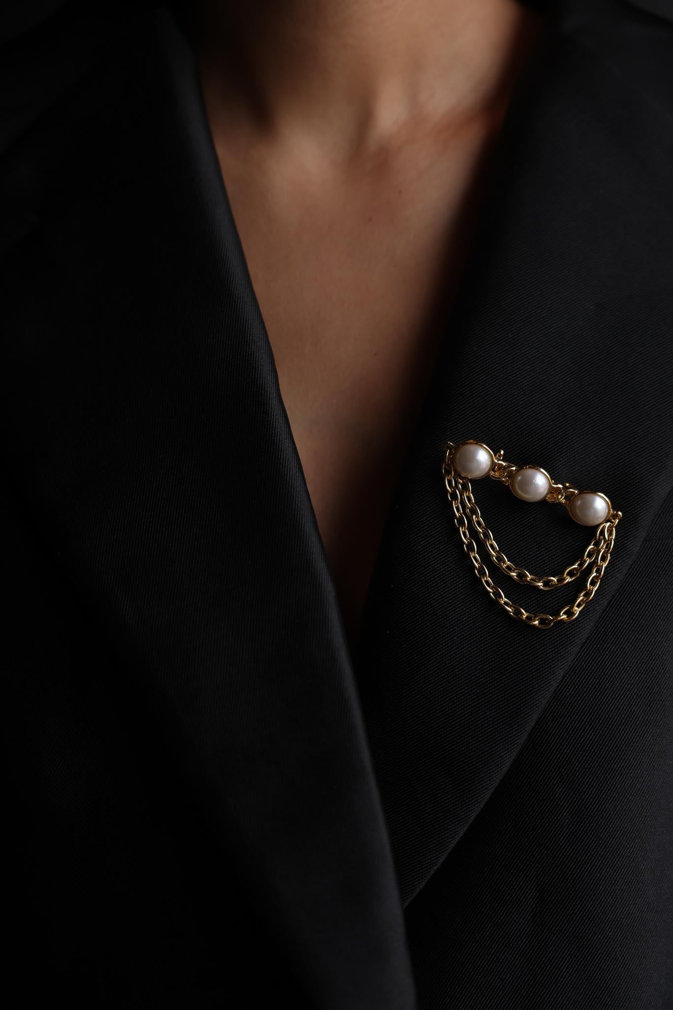 Gold-Tone Faux Pearl Brooch with Double Chain