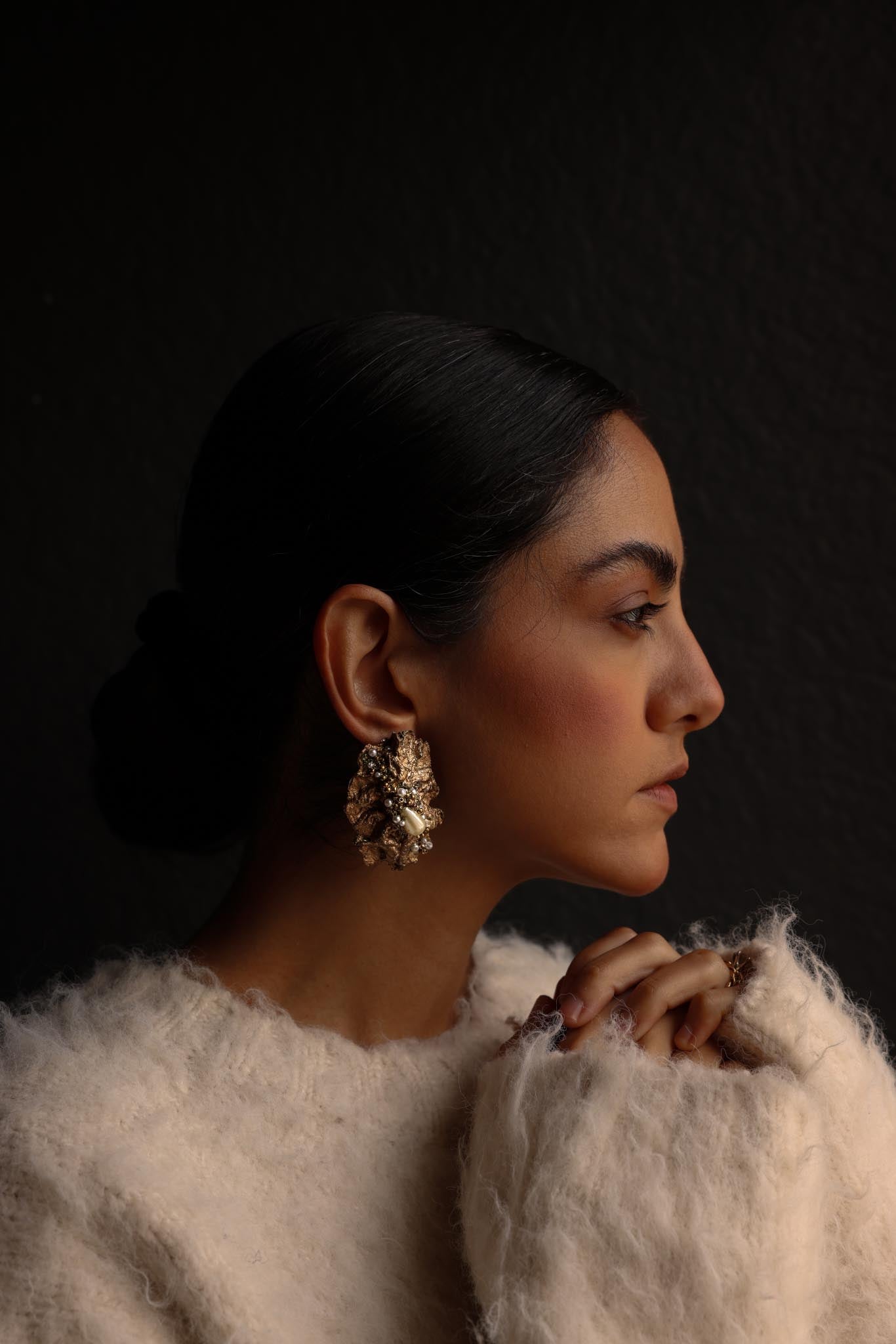 Golden Textured Pearl Cluster  Earrings|Vintage Baazaar 