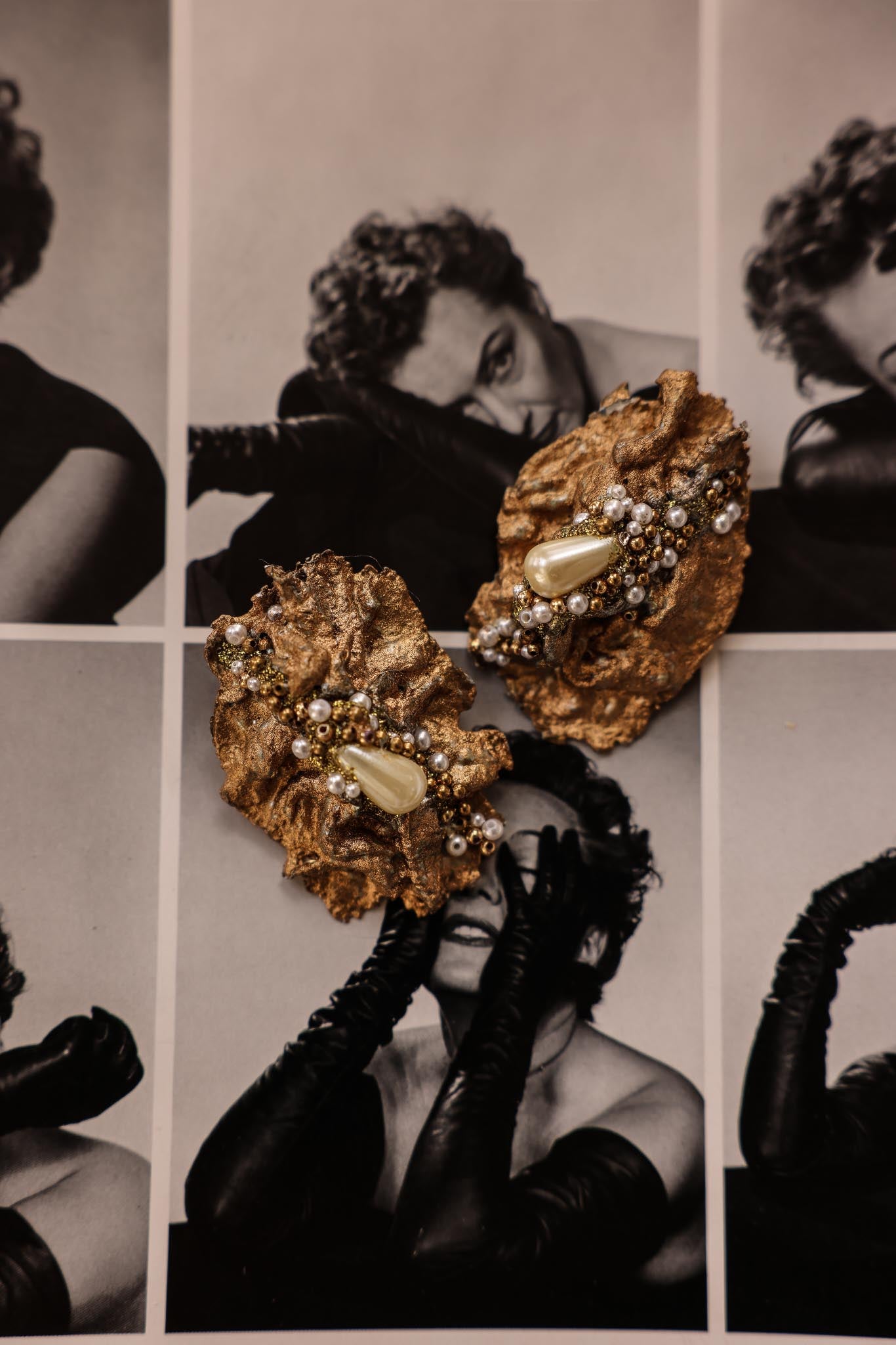 Golden Textured Pearl Cluster  Earrings|Vintage Baazaar 
