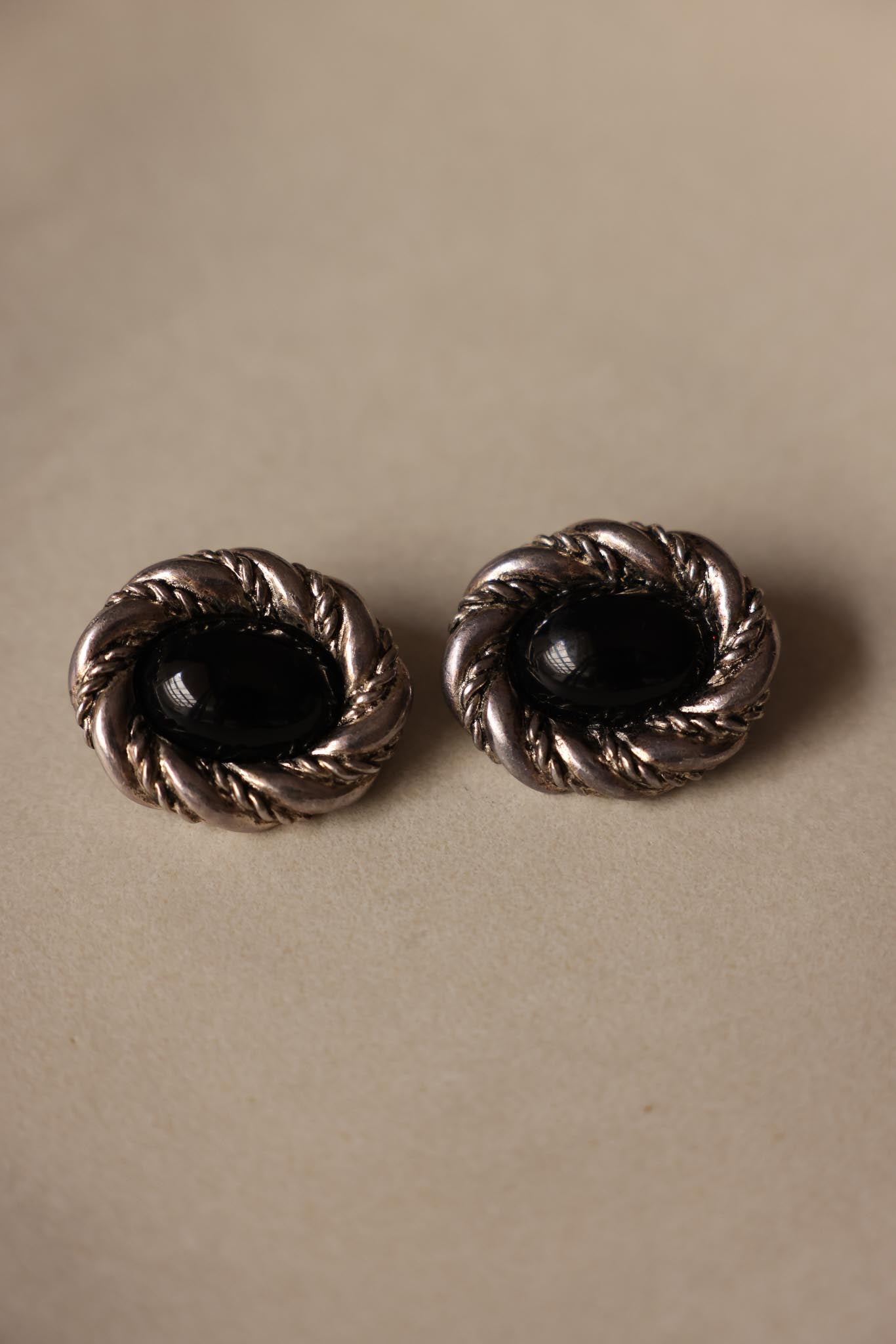 Silver-Tone Black Oval Clip-On Earrings