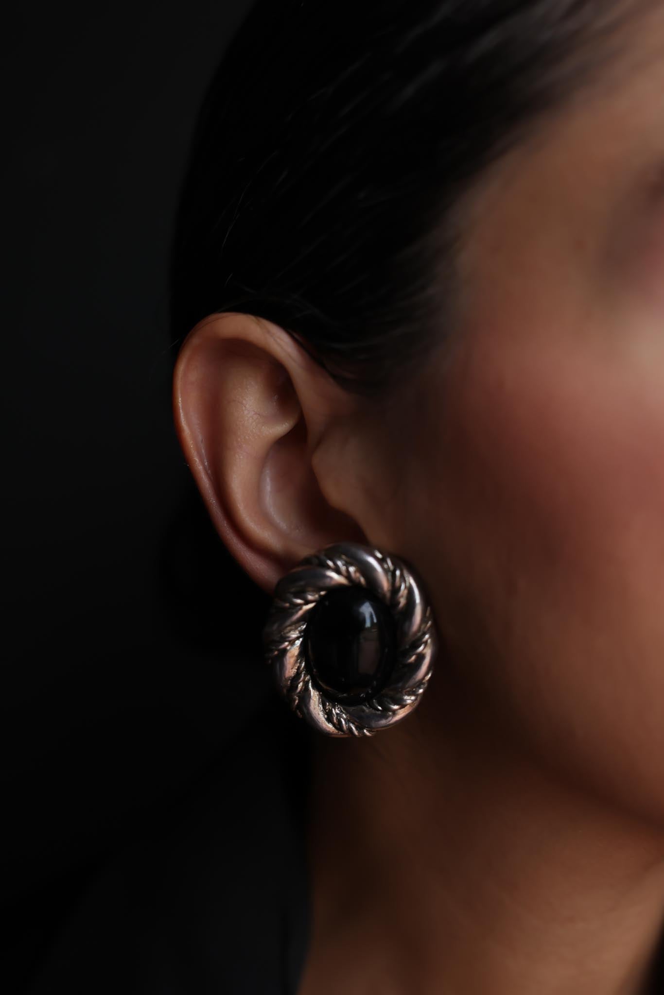 Silver-Tone Black Oval Clip-On Earrings