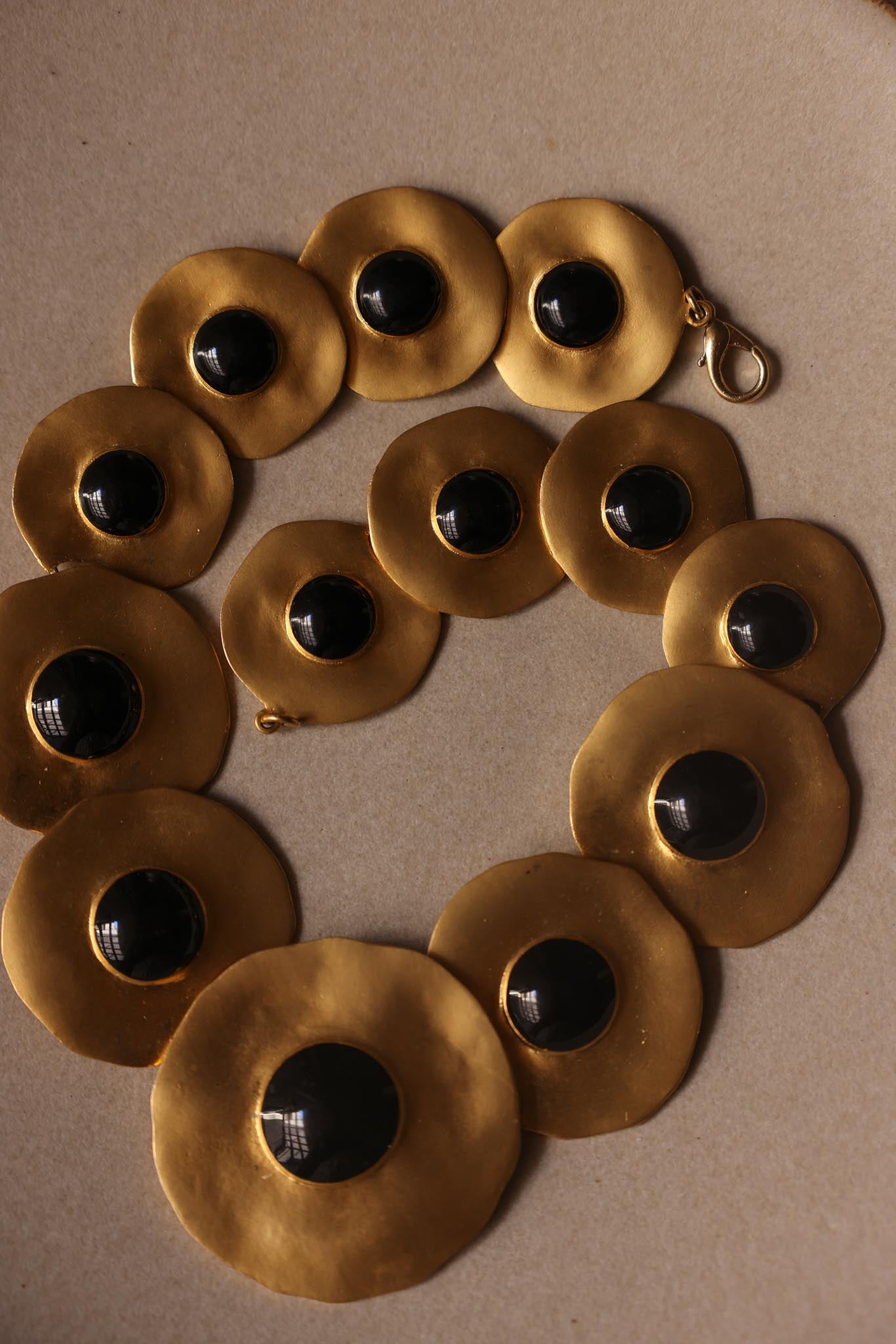 Vintage Chunky Matte Gold Black Cabochon Disc Statement Necklace