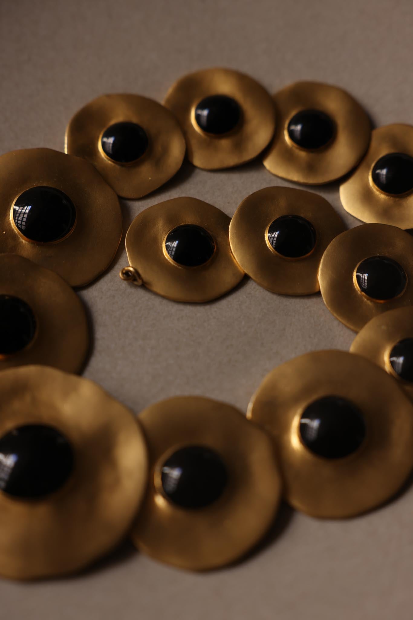 Vintage Chunky Matte Gold Black Cabochon Disc Statement Necklace