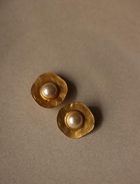 Golden Ripple Clip-On Earrings with Faux Pearls|Vintage Baazaar 