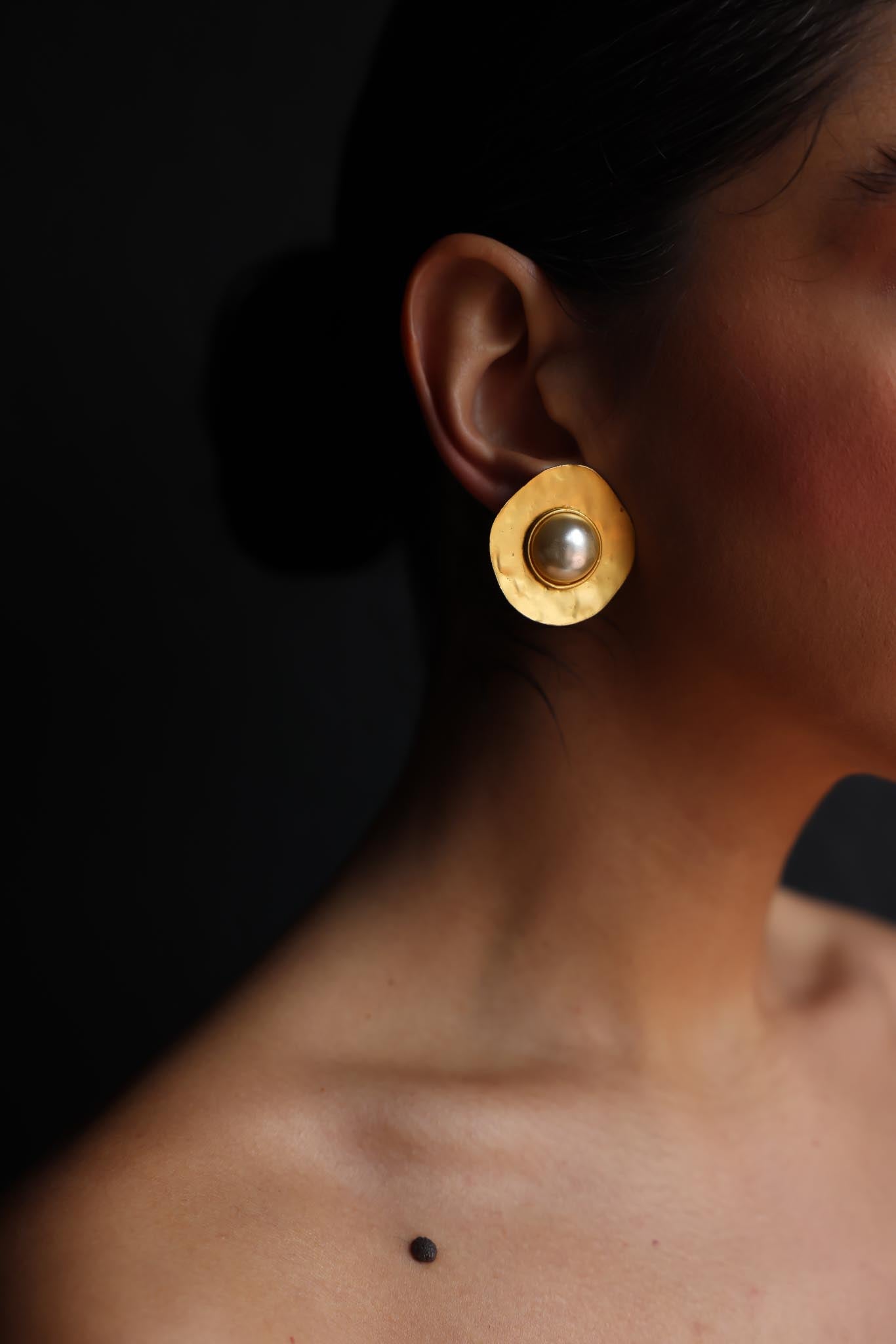 Golden Ripple Clip-On Earrings with Faux Pearls|Vintage Baazaar 