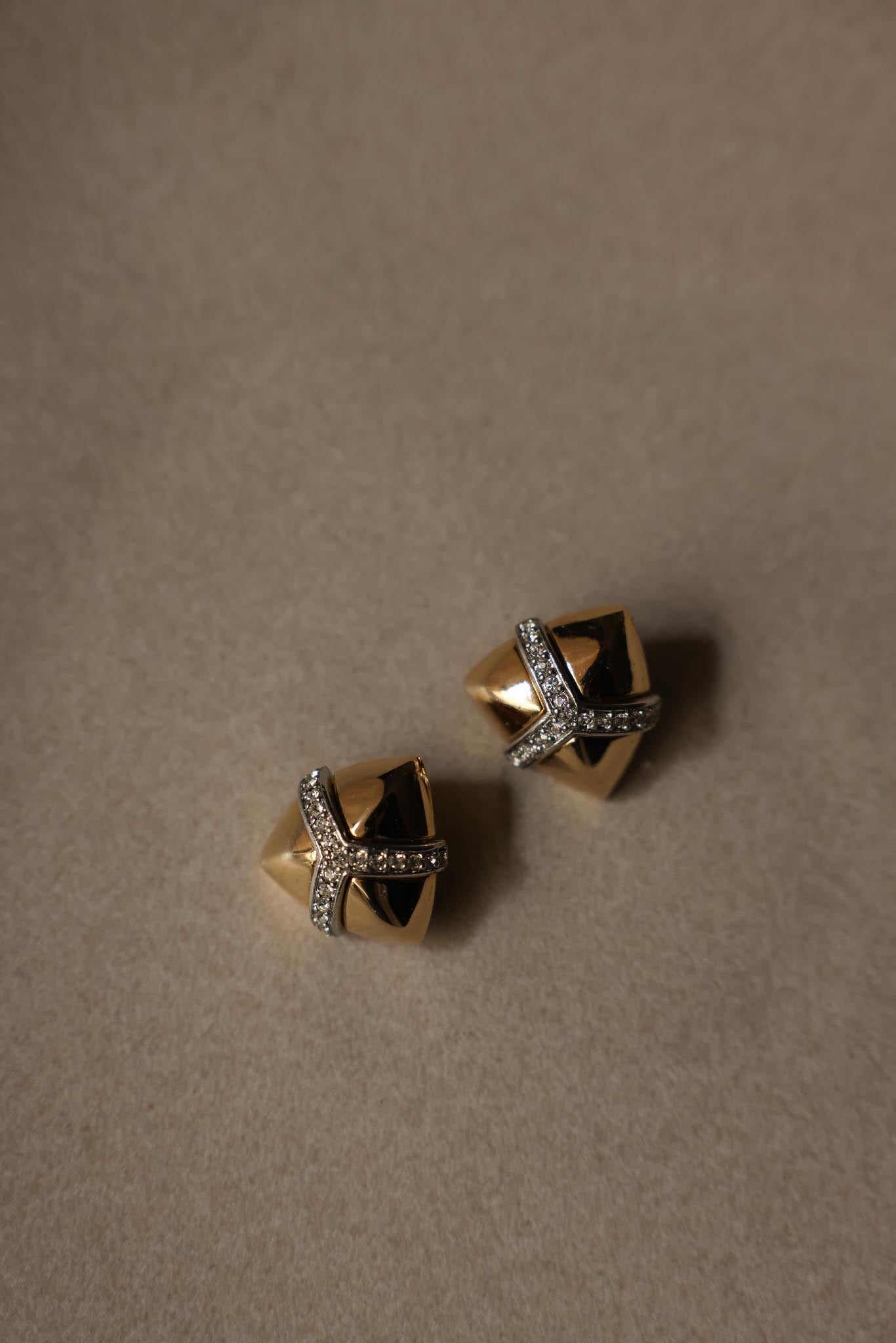Gold and Silver Pyramid Clip-On Earrings with Rhinestones|Vintage Baazaar 