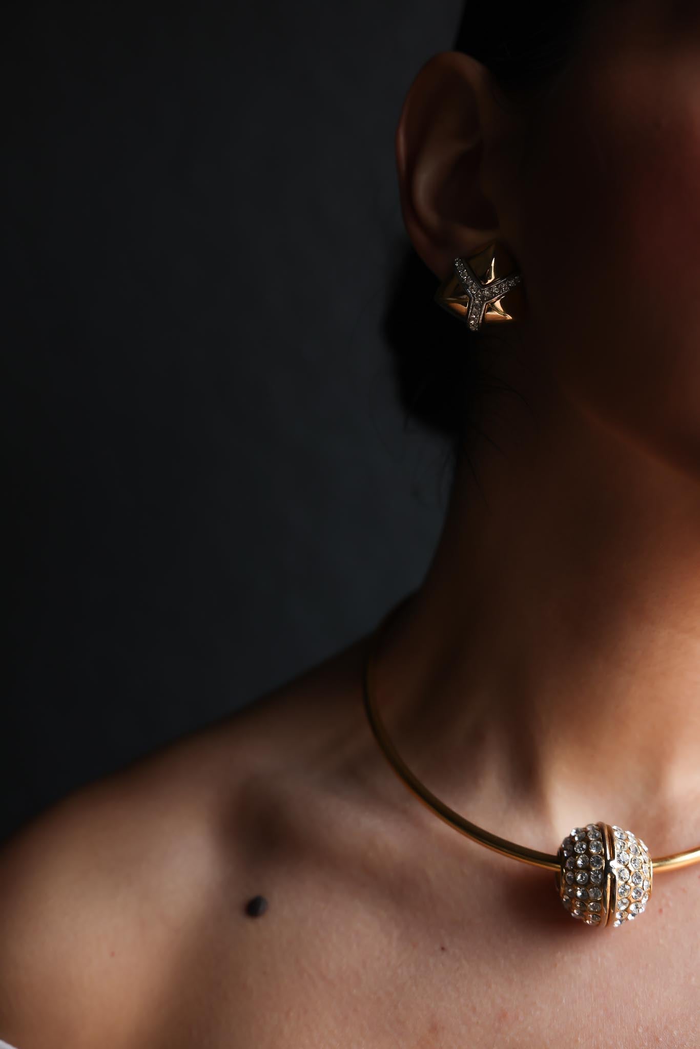 Gold and Silver Pyramid Clip-On Earrings with Rhinestones|Vintage Baazaar 