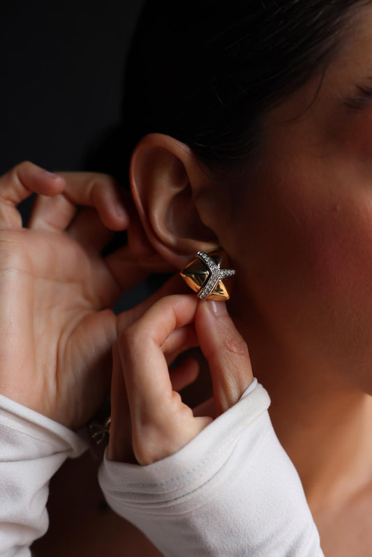 Gold and Silver Pyramid Clip-On Earrings with Rhinestones|Vintage Baazaar 