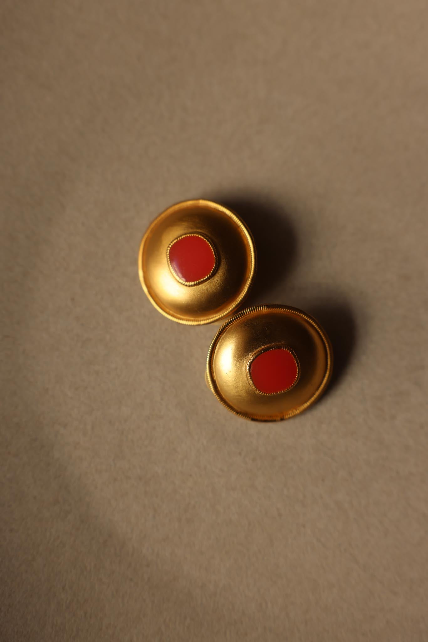 Brushed Gold Clip-On Earrings with Orange Enamel Center|Vintage Baazaar 