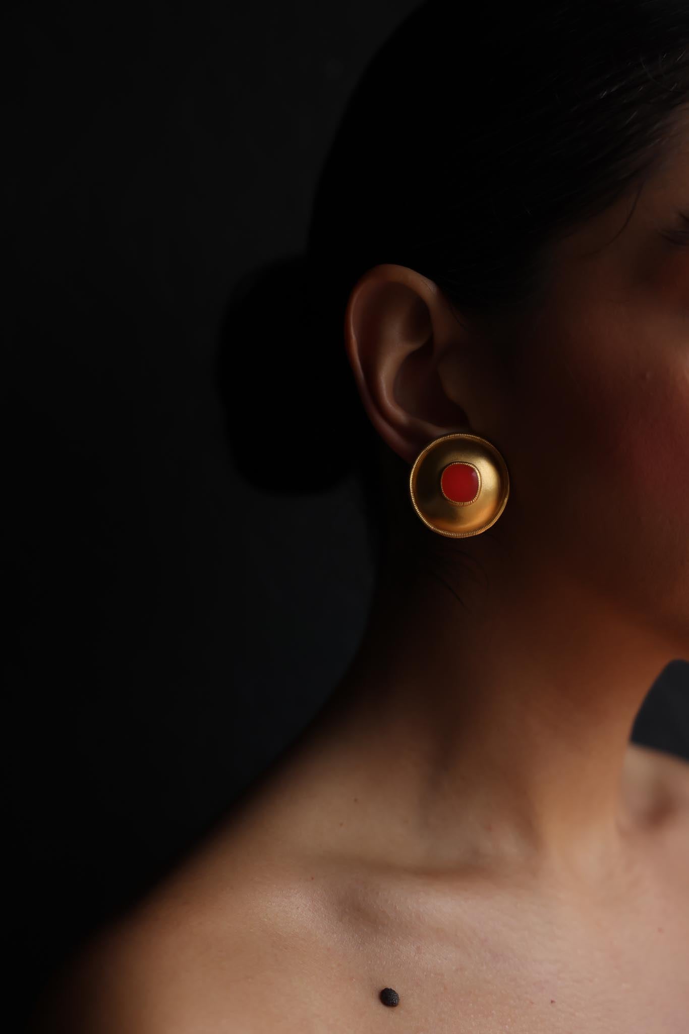 Brushed Gold Clip-On Earrings with Orange Enamel Center|Vintage Baazaar 