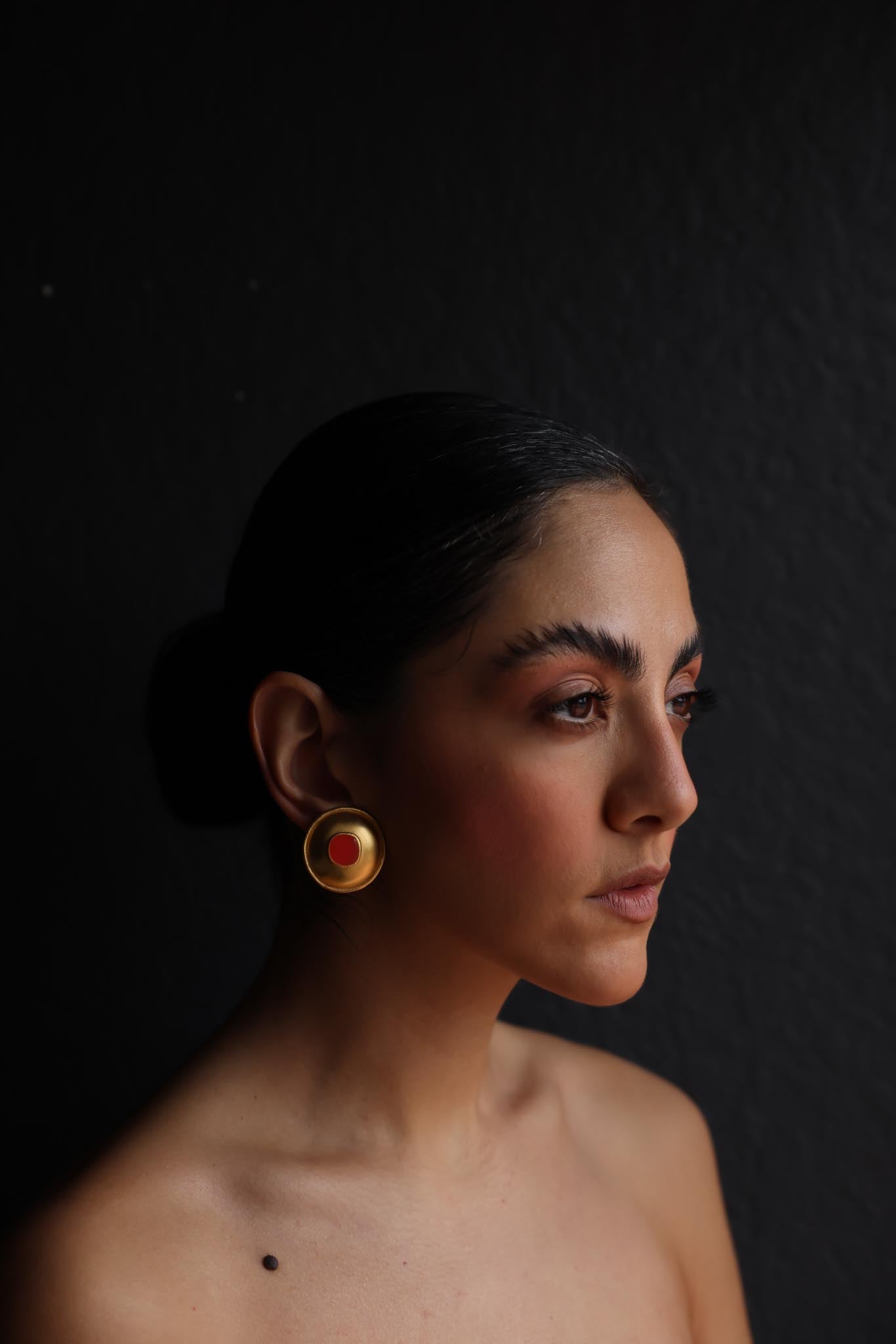 Brushed Gold Clip-On Earrings with Orange Enamel Center|Vintage Baazaar 