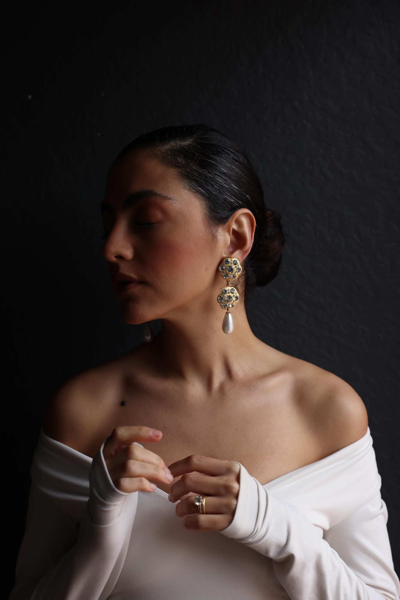 Brushed Gold Clip-On Earrings with Rhinestones and Faux Pearl Drops|Vintage Baazaar 