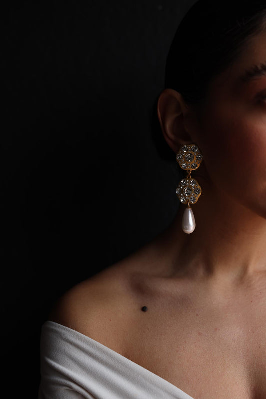 Brushed Gold Clip-On Earrings with Rhinestones and Faux Pearl Drops|Vintage Baazaar 