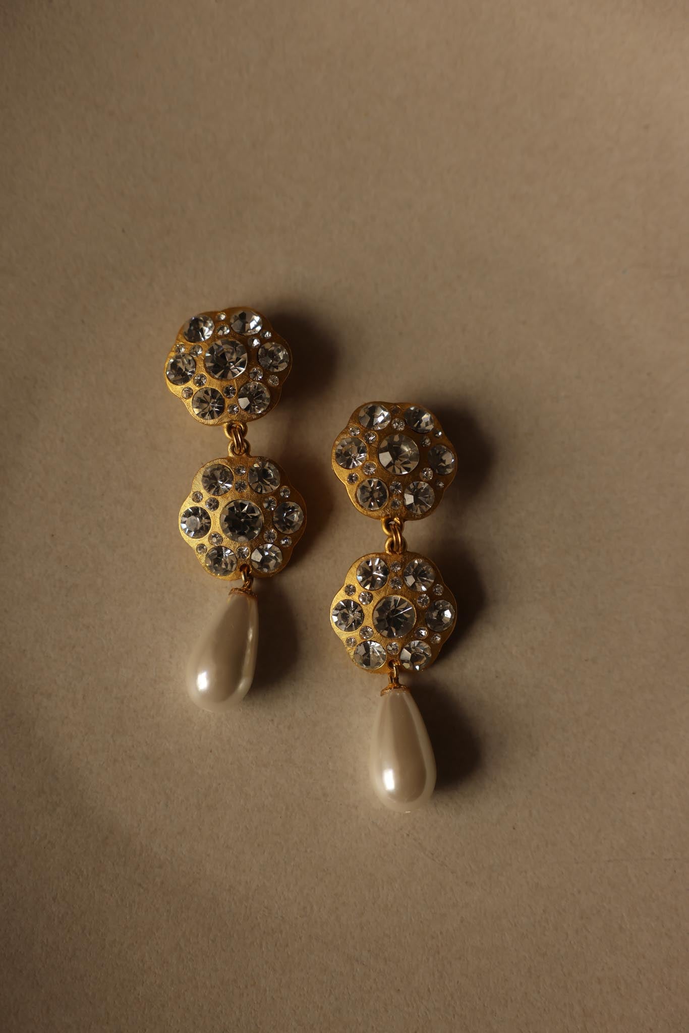 Brushed Gold Clip-On Earrings with Rhinestones and Faux Pearl Drops|Vintage Baazaar 