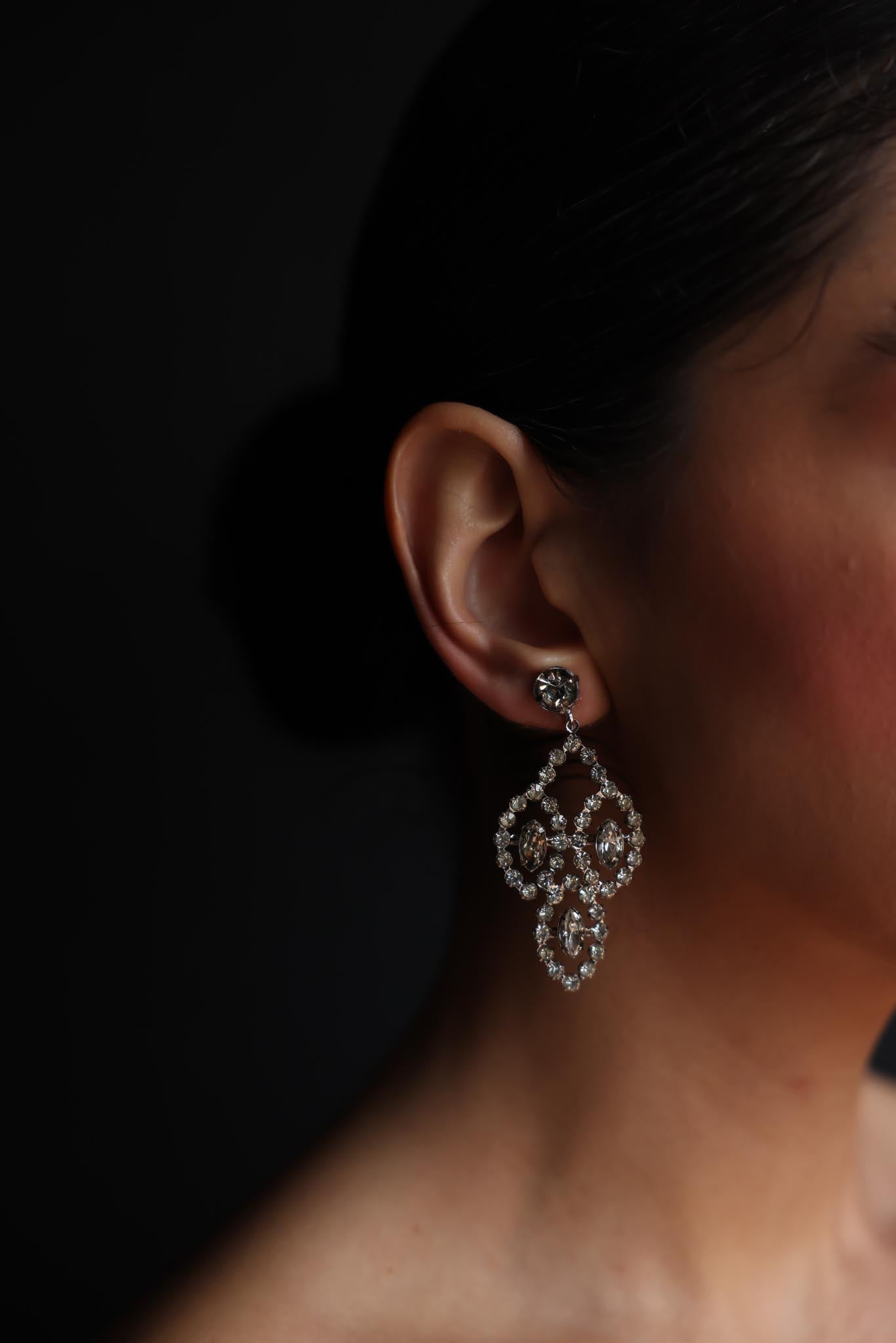 Silver-Tone Rhinestone Clip-On Earrings|Vintage Baazaar 