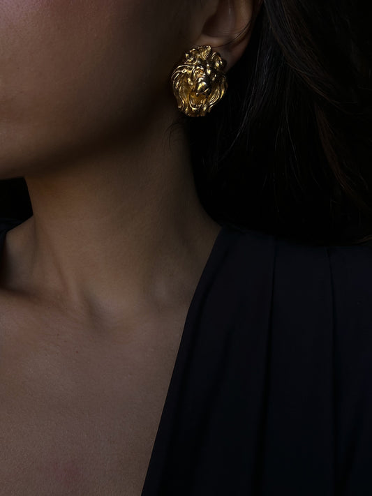 Gold Tone Lion Head Earrings|Vintage Baazaar 