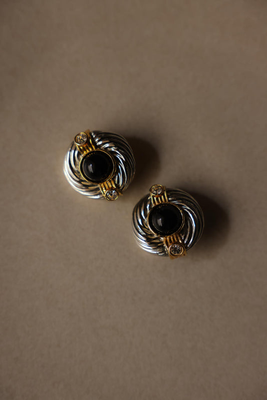 Silver-Plated Clip-On Earrings with Black Cabochon & Rhinestones|Vintage Baazaar 