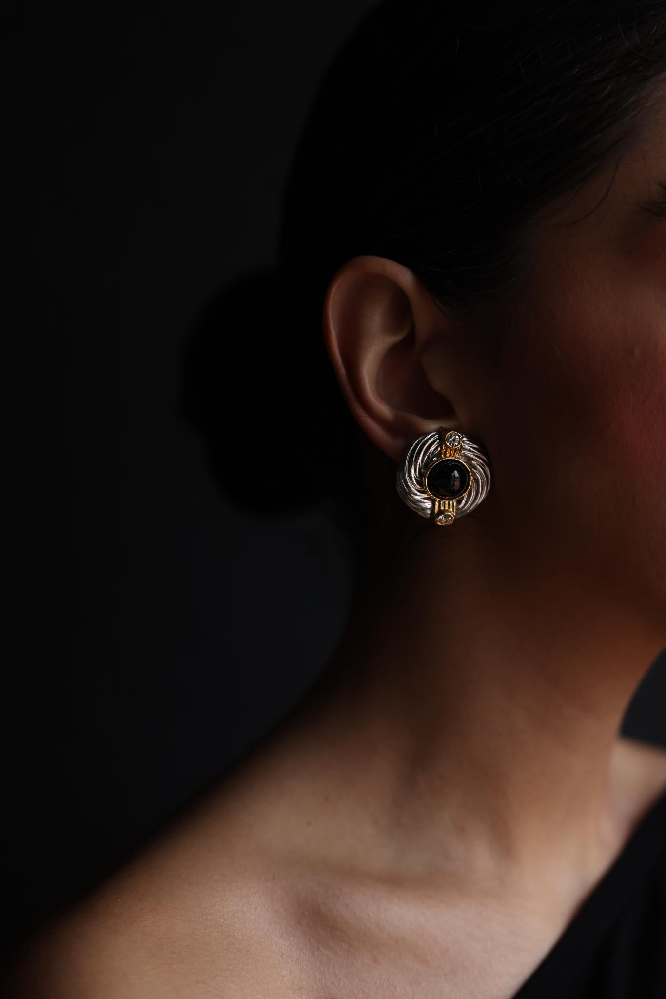 Silver-Plated Clip-On Earrings with Black Cabochon & Rhinestones|Vintage Baazaar 